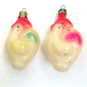 Set of 2 Vintage Ukrainian Glass Christmas Ornaments Roosters