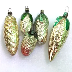 Set of 5 Vintage Glass Christmas USSR Ornaments Pinecone