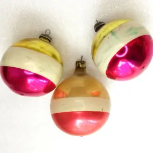 Set of 3 Vintage Ukrainian Glass Christmas Fir Tree Ornaments Old Balls