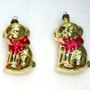 Set of 2 Vintage Ukrainian Glass Christmas Fir Tree Ornaments Puppy