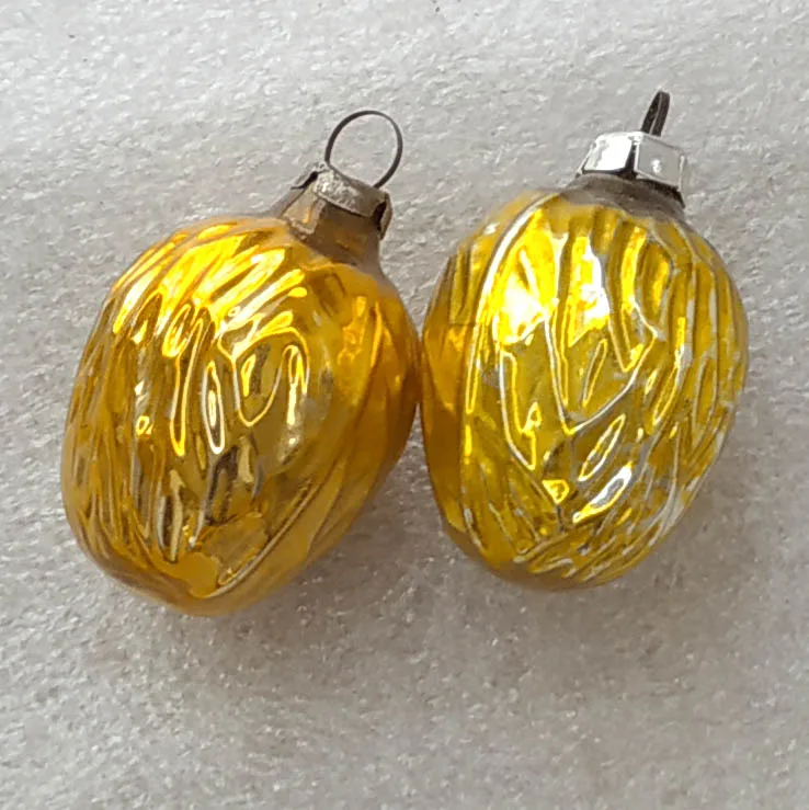 Set of 2 Vintage Christmas Silver Glass Ornament USSR Tree Antique Decor Gold Nuts