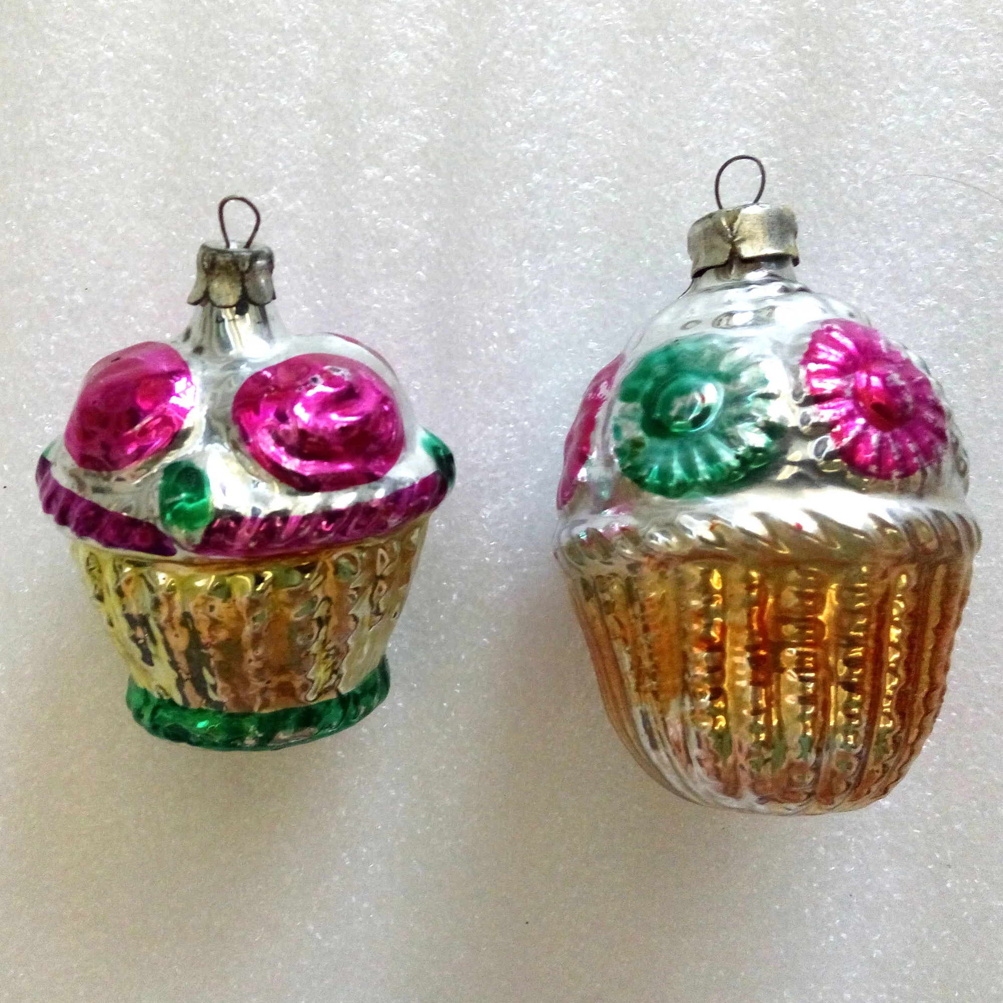 Set of 2 Vintage USSR Glass Christmas Ornaments Baskets