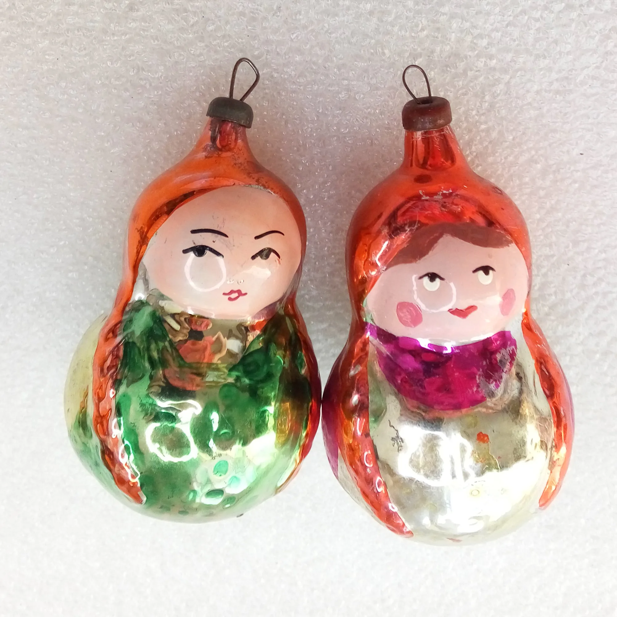 Set of 2 Antique Vintage USSR Glass Christmas Ornaments Dolls