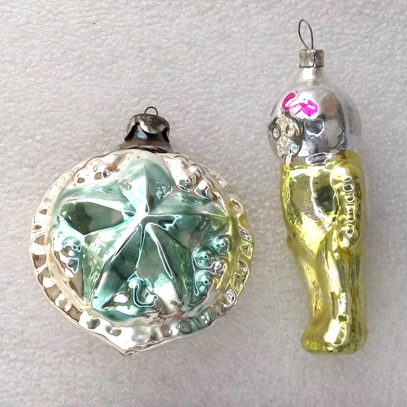 Set of 2 Antique Vintage Glass Christmas Tree Ornament Star & Astronaut