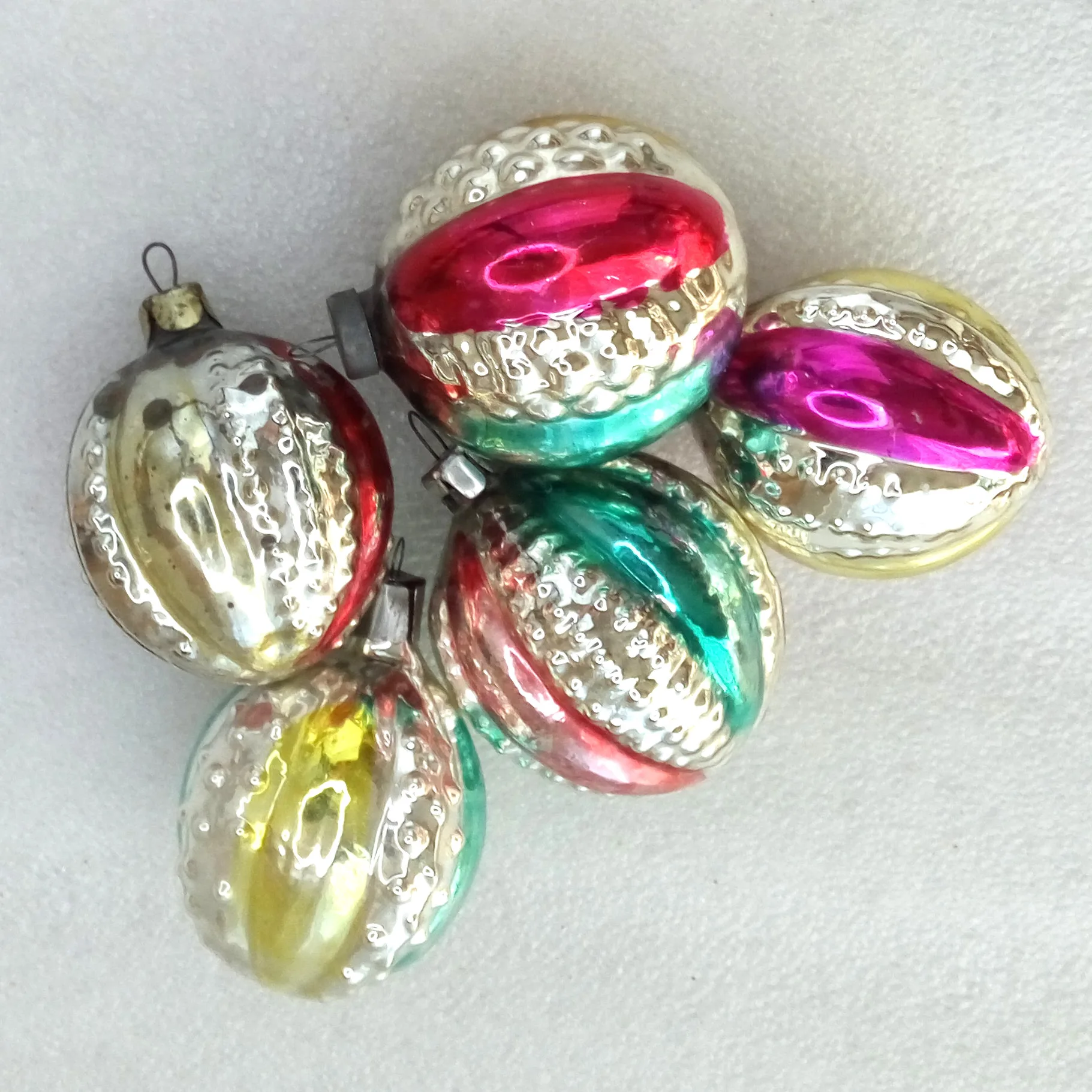 Set of 5 Antique Vintage Silver Glass Christmas Ornaments