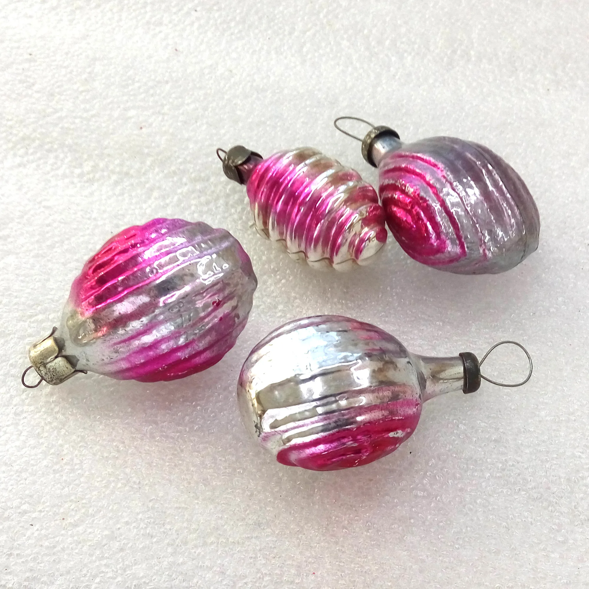 Set of 4 Antique Vintage Silver Glass Christmas Ornaments