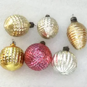 Set of 6 Antique Vintage Silver Glass Christmas Ornaments