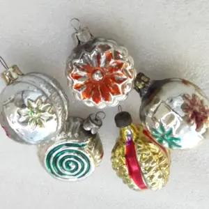 Set of 5 Antique Vintage Silver Glass Christmas Ornaments