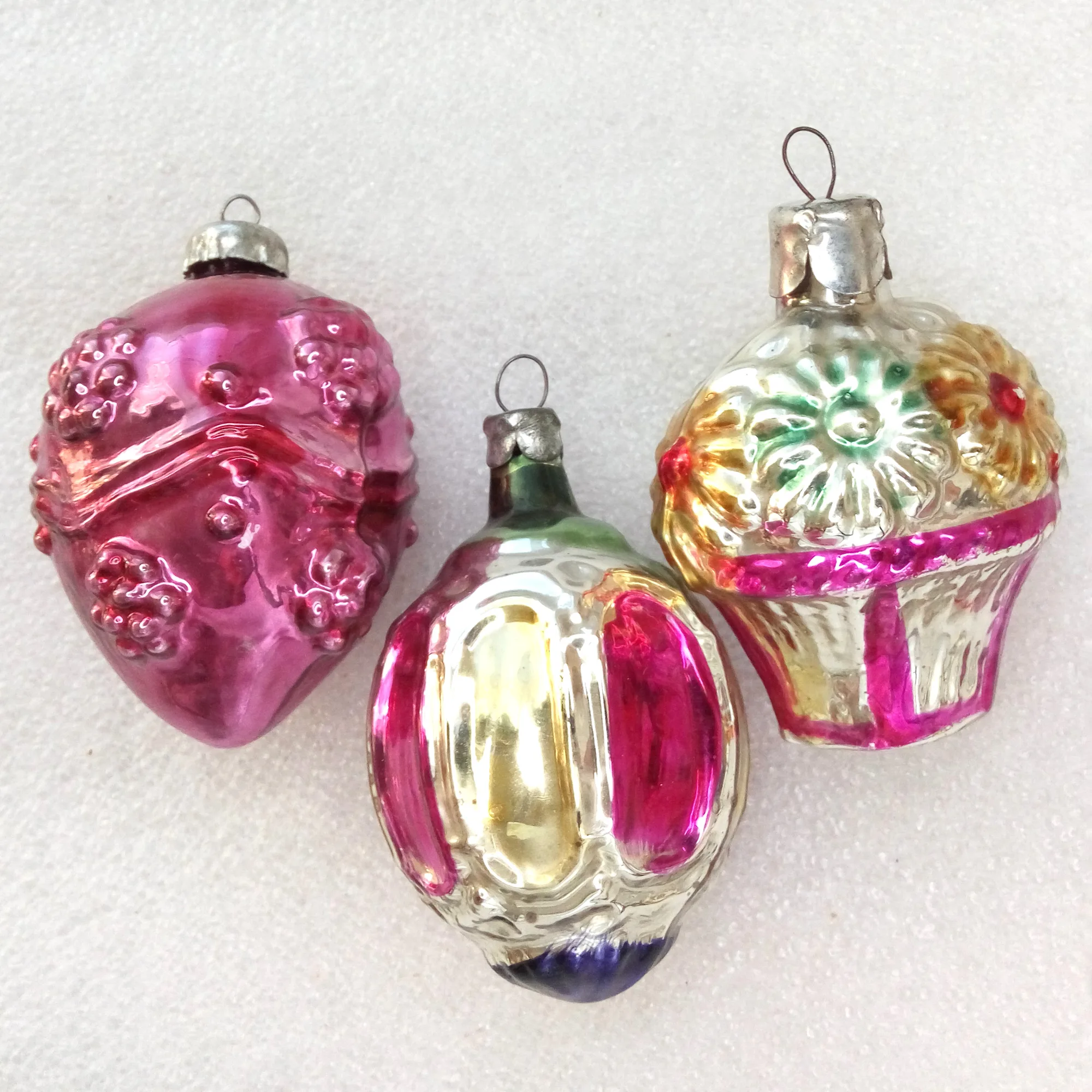 Set of 3 Antique Vintage Silver Glass Christmas Ornaments