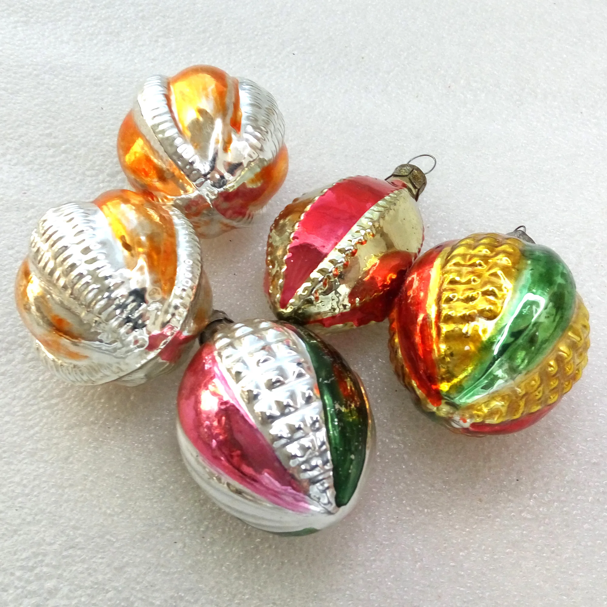 Set of 5 Antique Vintage Silver Glass Christmas Ornaments