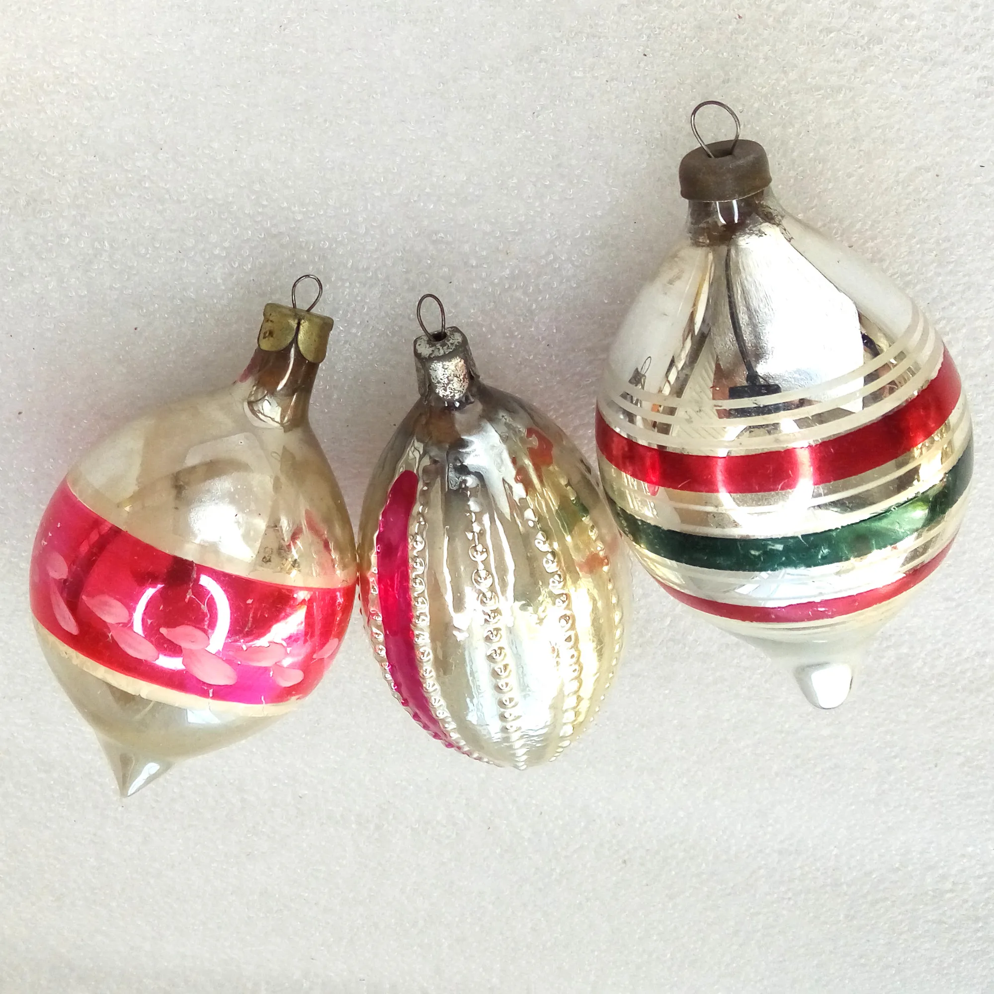 Set of 3 Antique Vintage Silver Glass Christmas Ornaments