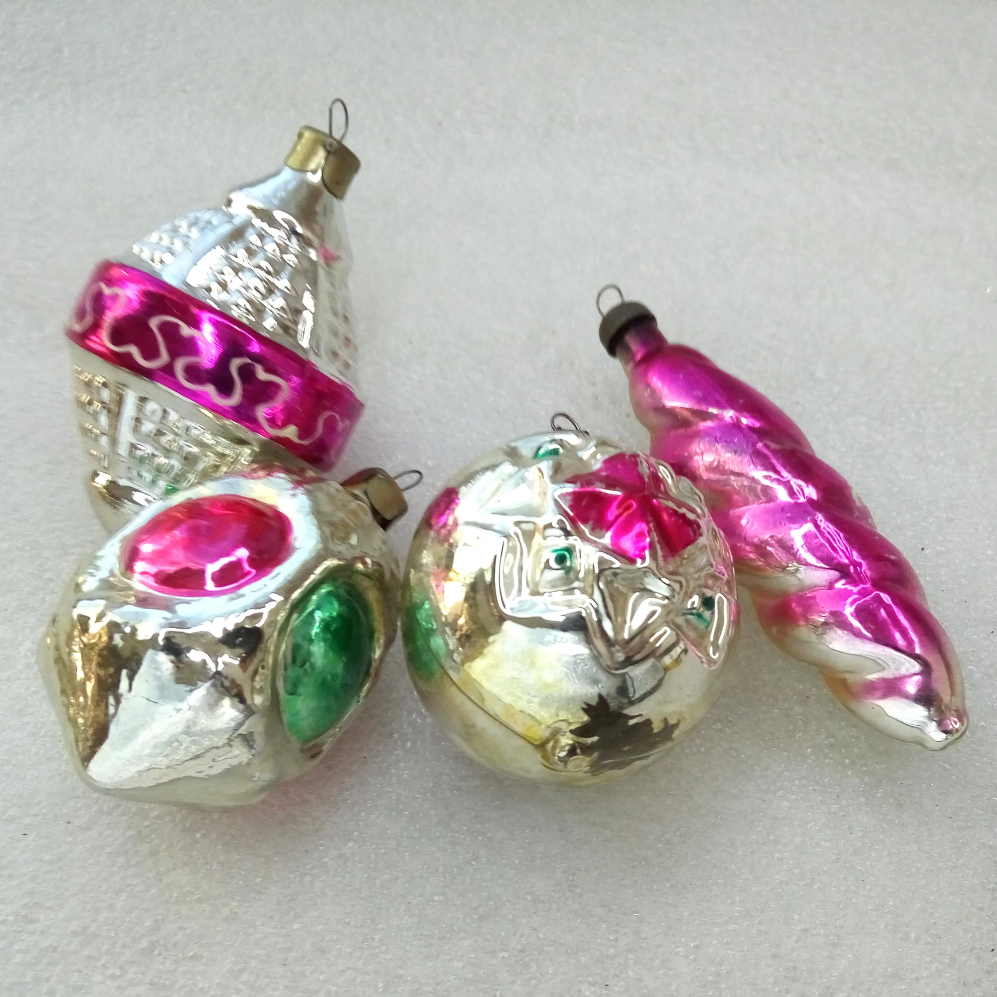 Set of 4 Antique Vintage Silver Glass Christmas Ornaments