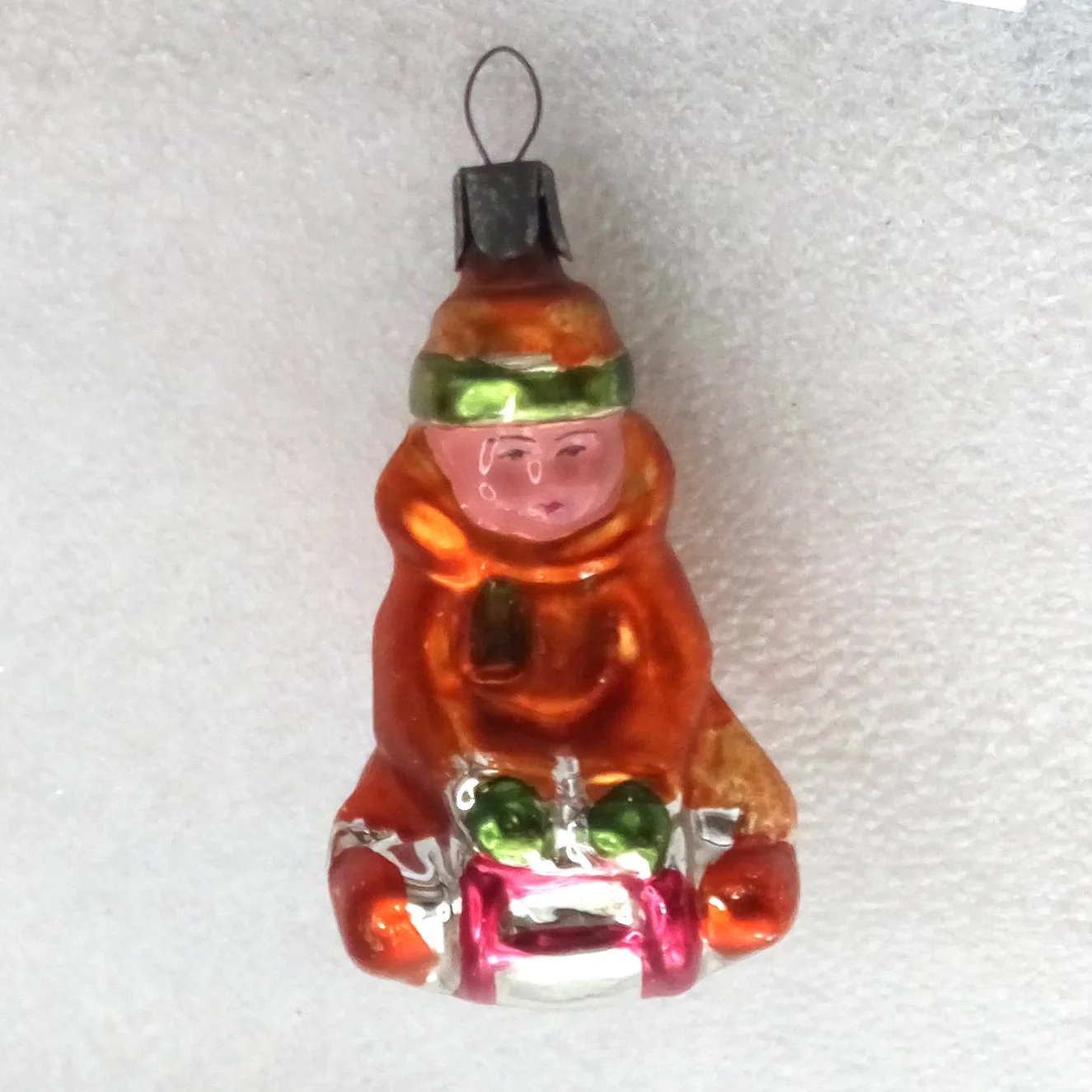 Antique Vintage Glass Christmas Tree Ornament Kid on Sledge