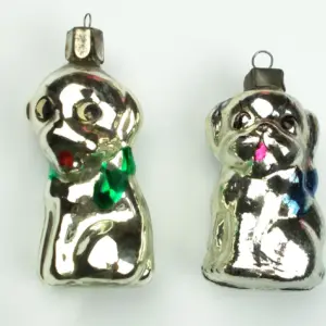 Set of 2 Vintage Silver Glass Christmas Ornament Puppies