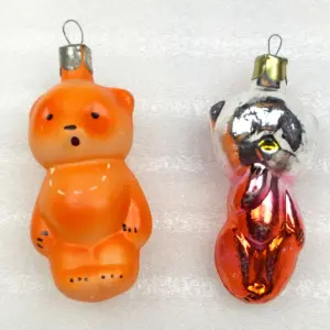 Set of 2 Vintage Glass Christmas Ornaments Bear Cub