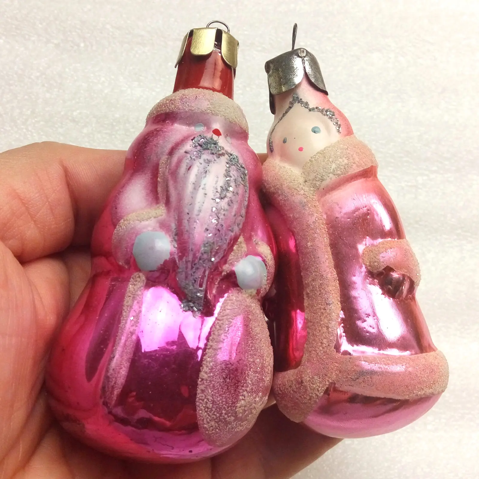 Set of 2 Vintage USSR Glass Christmas Ornaments Santa Snowmaiden