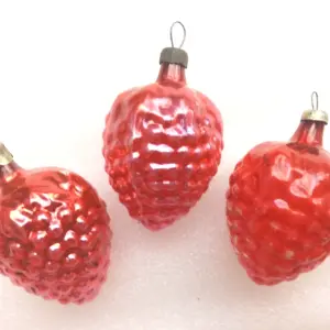 Set of 3 Vintage USSR Silver Glass Christmas Ornaments Retro Strawberry