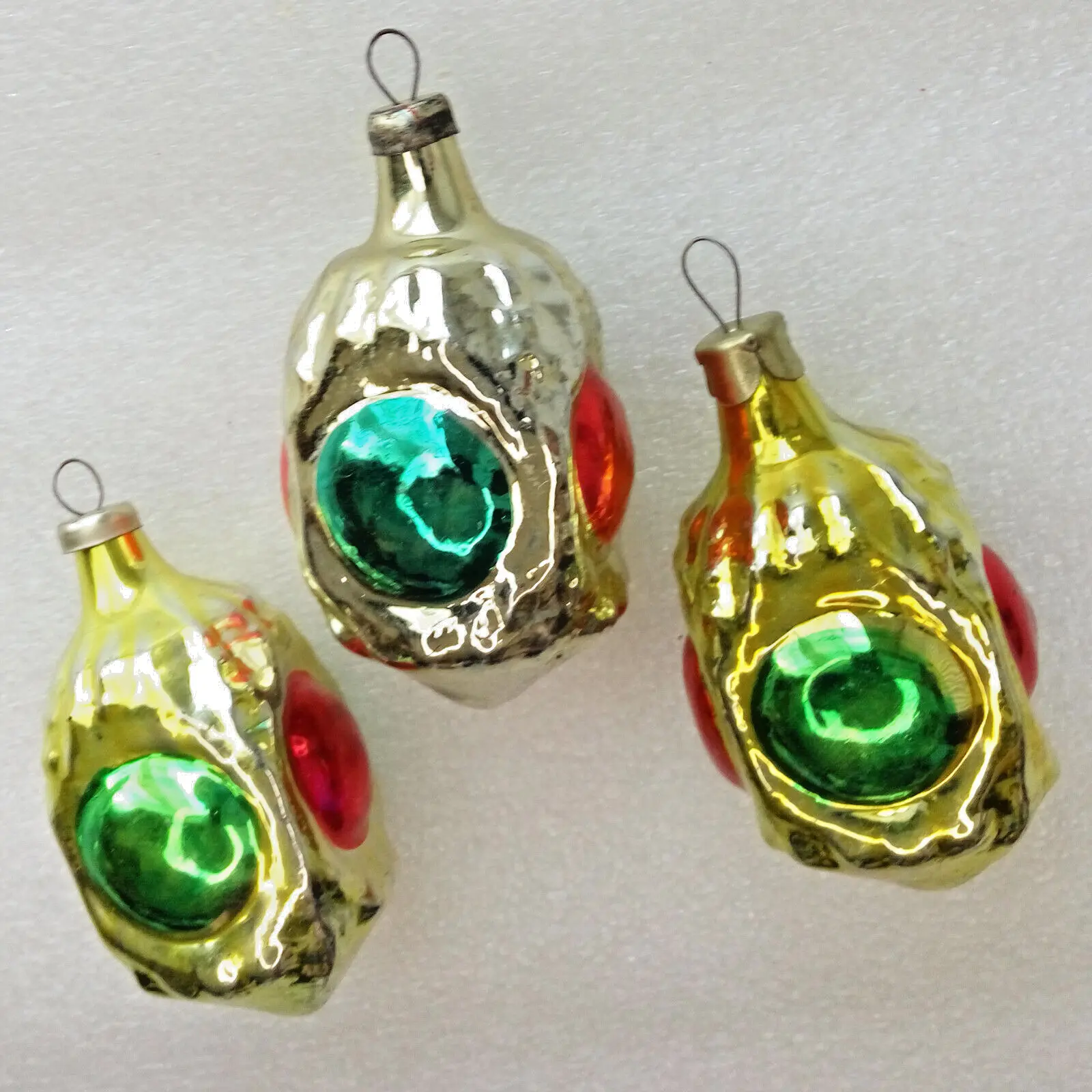 Set of 3 Vintage Glass Christmas Ornaments Traffic-Lights