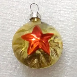 Vintage Glass Christmas Ornament - Gold Bauble with Red Star USSR