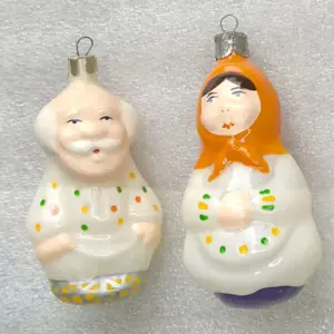 Set of 2 Vintage Soviet Glass Christmas Tree Ornaments Grandfather Grandmother Toys