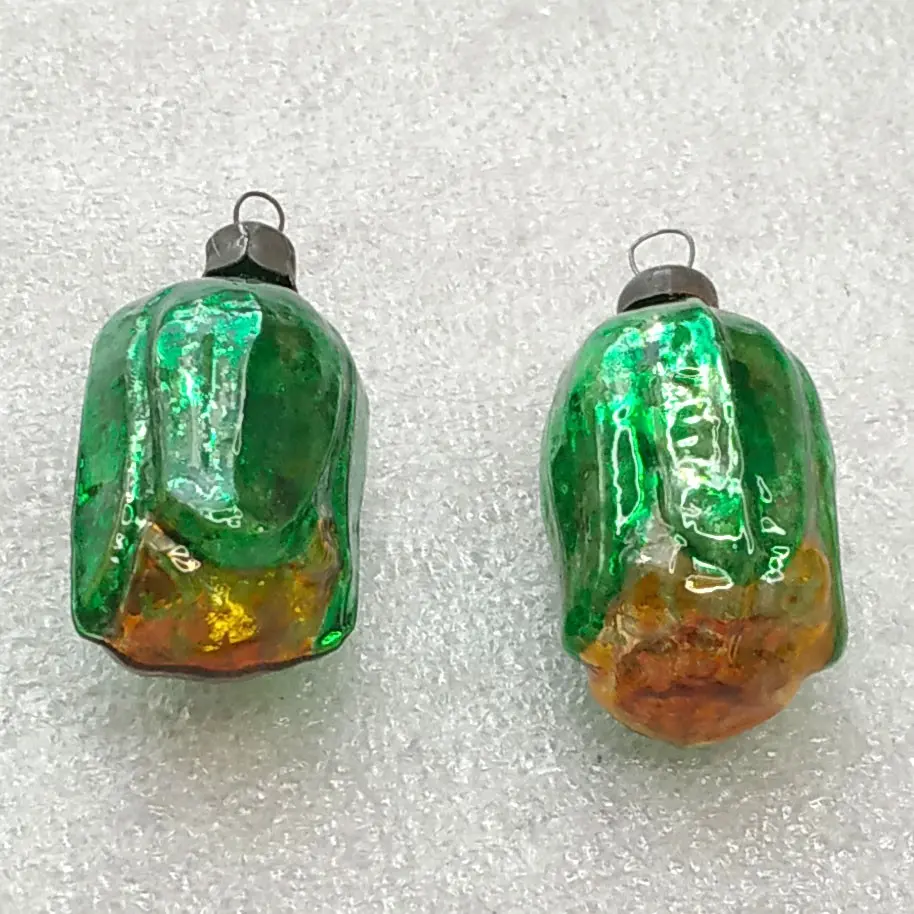 Set of 2 Vintage Soviet Silver Glass Christmas Tree Ornaments Green Flower Bud Toys