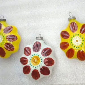 Set of 3 Huge Vintage Glass Christmas Tree Ornaments Flower USSR Toys Hevy