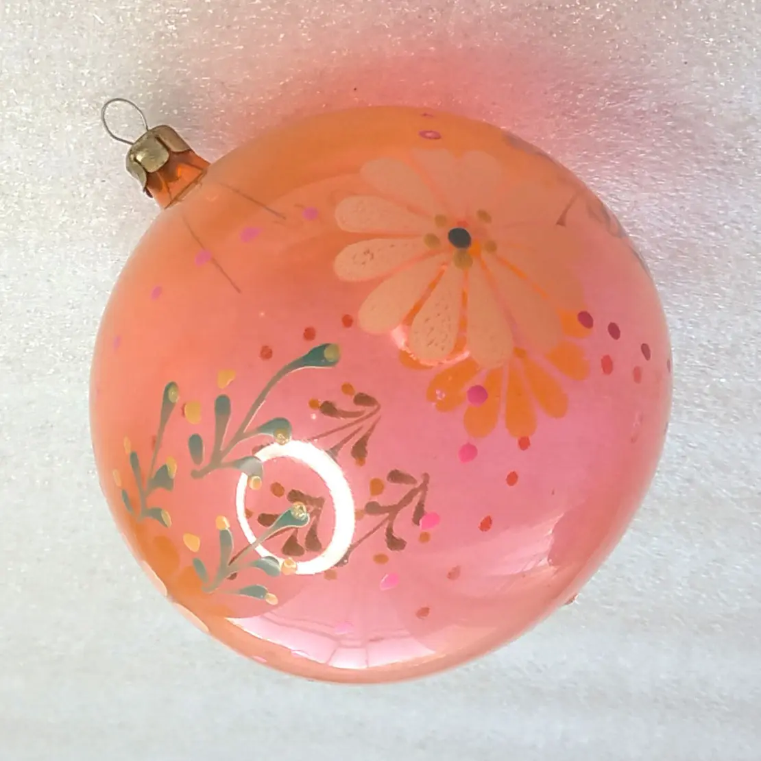 Vintage Glass Christmas Tree Ornament Ball Pink Flower Bauble USSR Toy