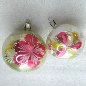 Set of 2 Vintage Soviet Silver Glass Christmas Tree Ornaments Floral Balls Set Retro