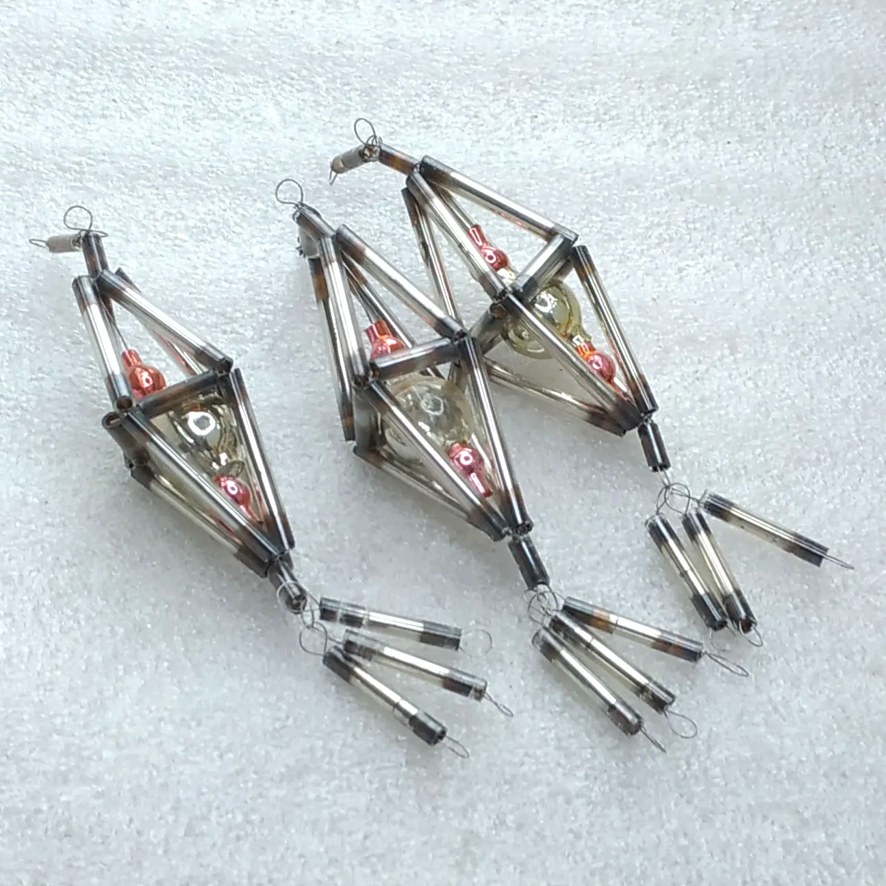 Set of 3 Vintage Soviet Tube Glass Bugle Beads Christmas Ornaments Set Geometric Retro