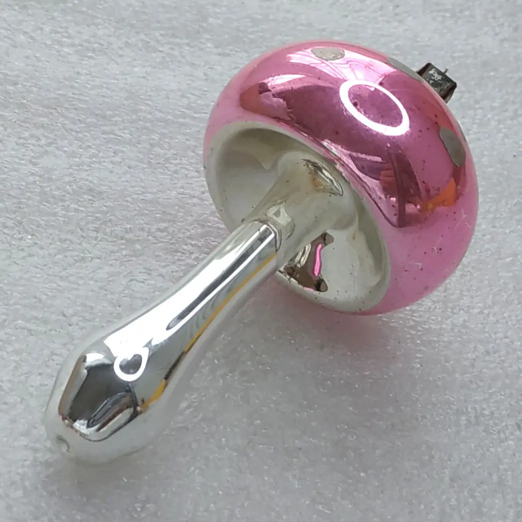 Vintage Soviet Silver Glass Mushroom Christmas Tree Ornament Pink Retro Decor
