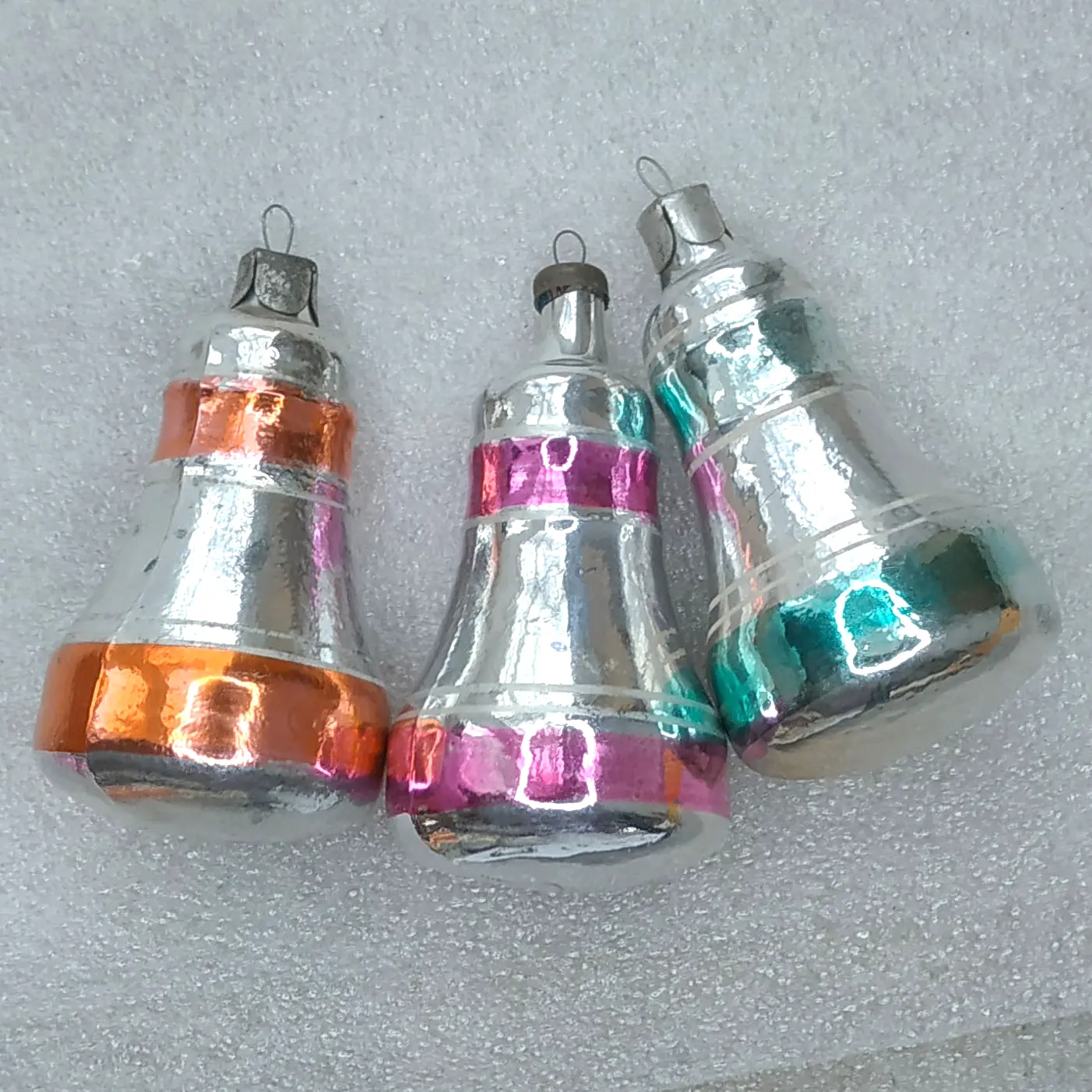 Set of 3 Vintage Soviet Glass Christmas Tree Ornaments Bells Striped Set Retro Decor