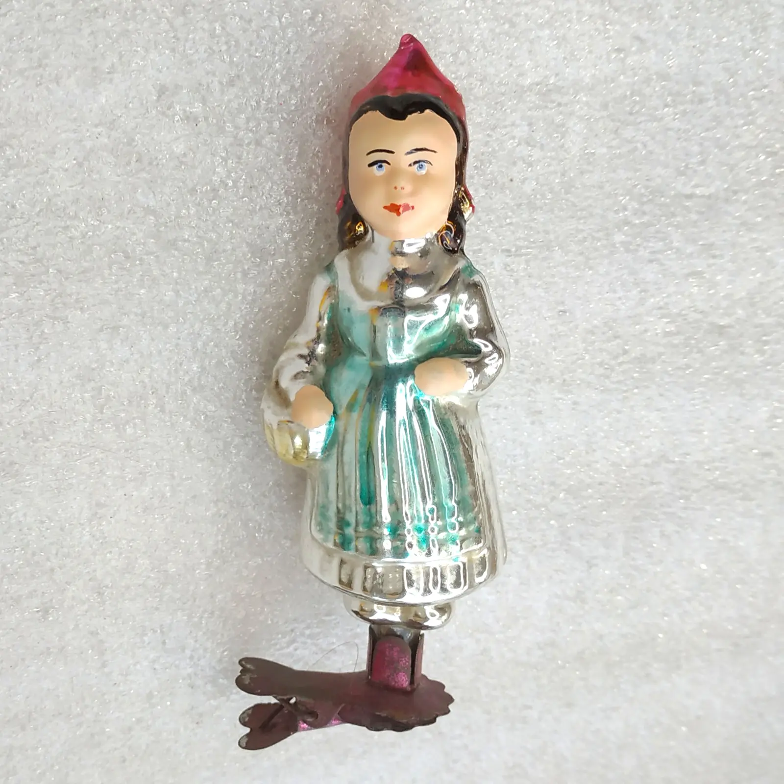 Vintage Soviet Glass Christmas Ornament Girl Red Hood Clip-on Retro Decor