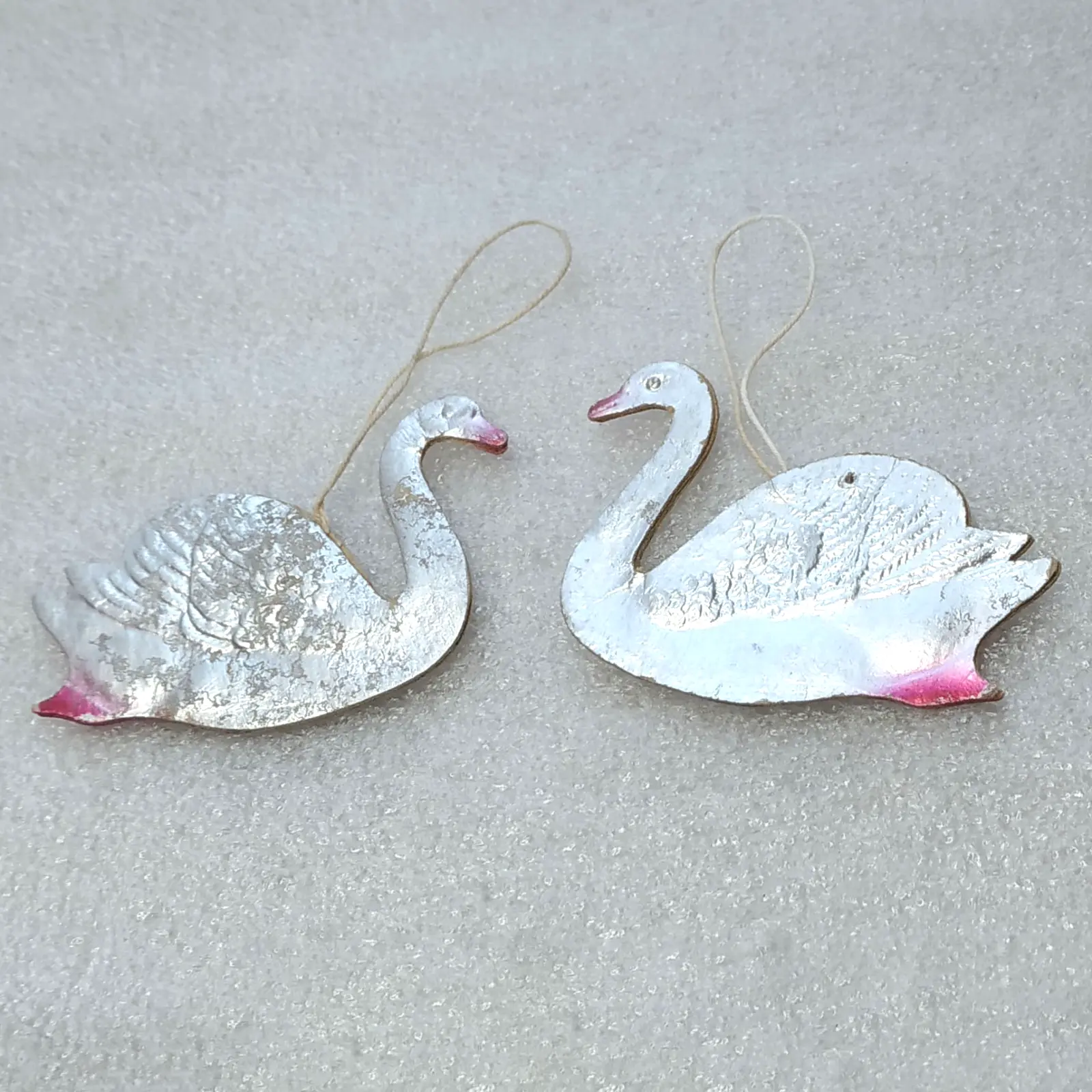 Set of 2 Vintage Soviet Pressed Cardboard Christmas Ornaments Swans Birds Decor