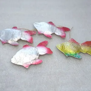Set of 4 Vintage Soviet Pressed Cardboard Christmas Ornaments Fish Gold Silver Red