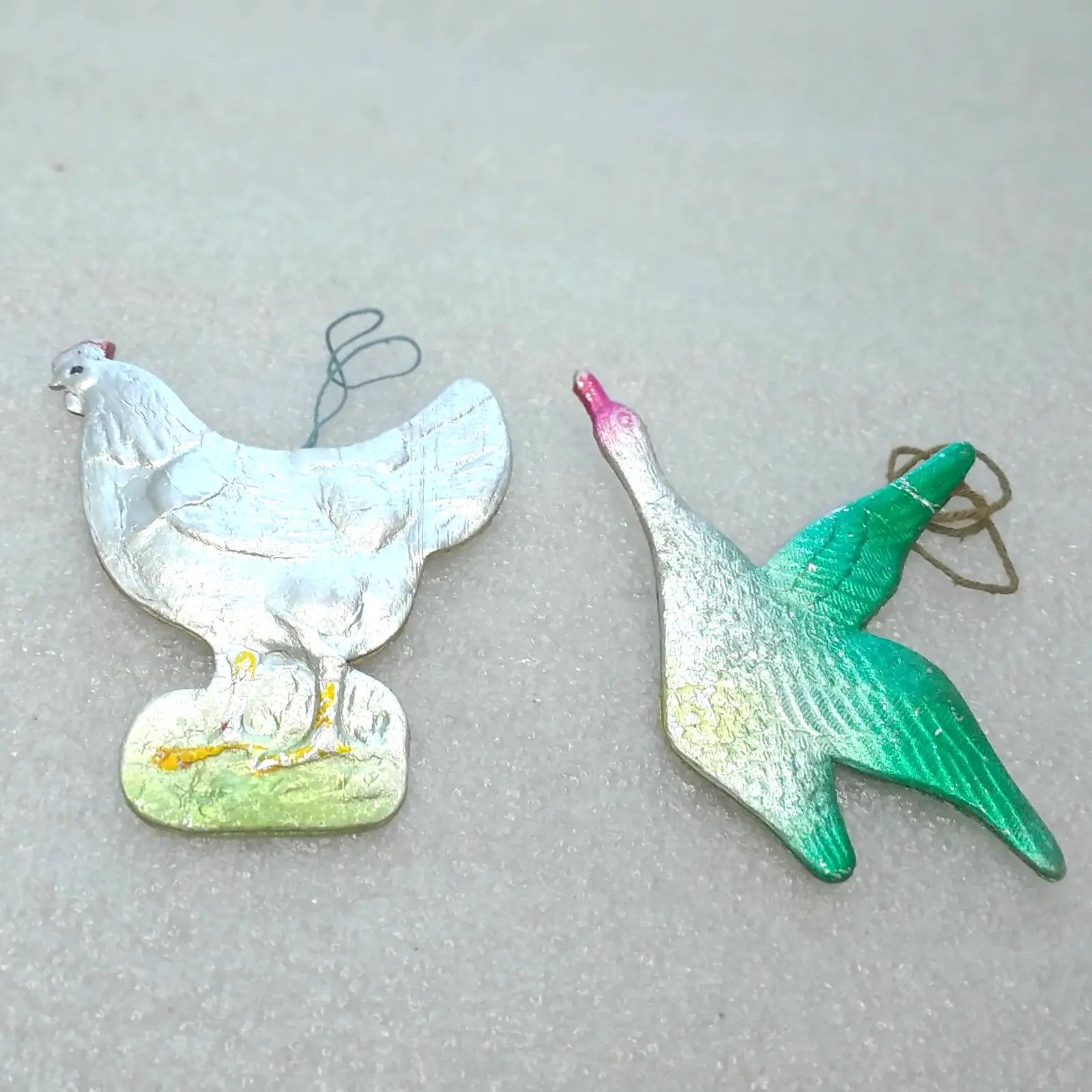 Set of 2 Vintage Soviet Pressed Cardboard Christmas Ornaments Birds Chicken and Duck