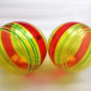Set of 2 Vintage Soviet Glass Christmas Ornaments - 4" Large Yellow Red Striped Baubles