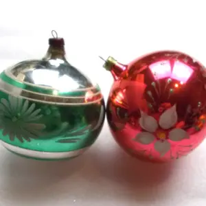 Set of 2 Vintage Soviet Glass Christmas Ornaments - 4" Large Red & Green Floral Baubles