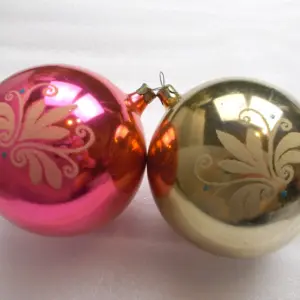 Set of 2 Vintage Soviet Glass Christmas Ornaments - 4" Large Pink & Gold Floral Baubles