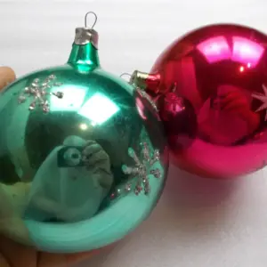 Set of 2 Vintage Soviet Glass Christmas Ornaments - 4" Large Red & Green Floral Baubles
