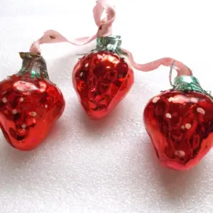 Set of 3 Vintage USSR Silver Glass Christmas Ornaments Retro Strawberry