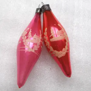 Set of 2 Vintage Soviet Glass Christmas Ornaments - Pink & Red Cabin House Icicles