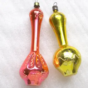 Set of 2 Vintage Soviet Glass Christmas Ornaments - Pink & Yellow Long Neck Figural