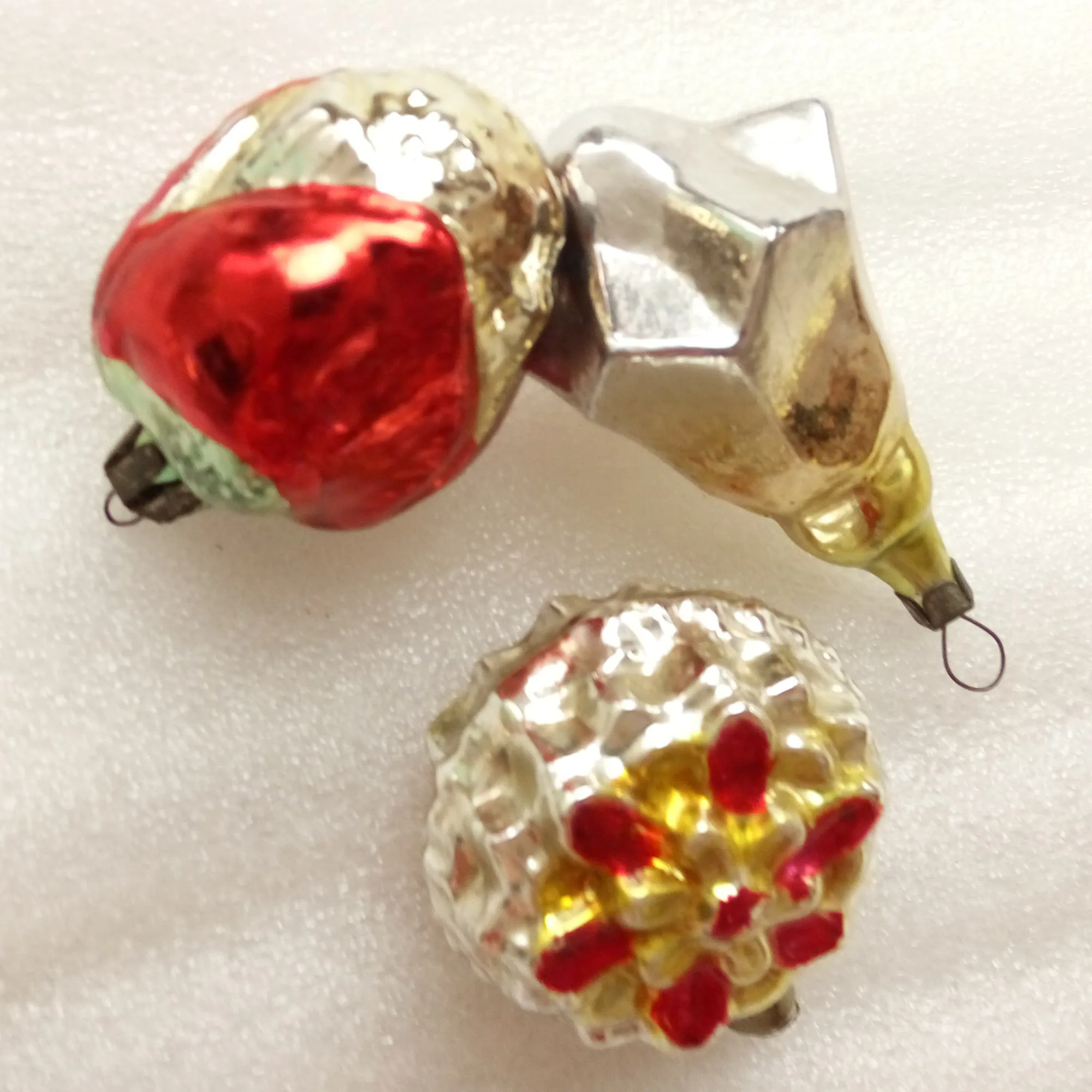 Set of 3 Vintage USSR Glass Christmas Ornaments Old Flowers