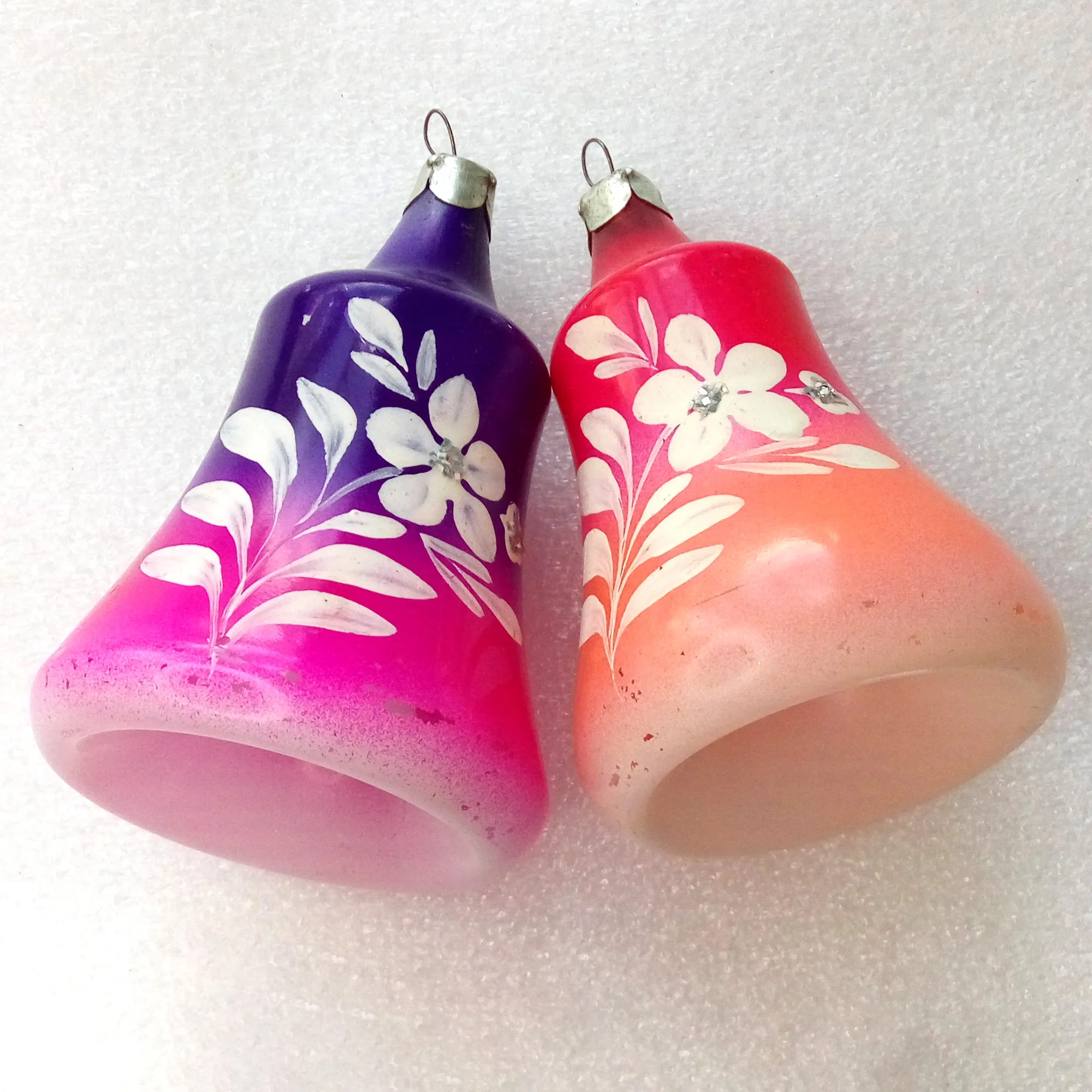 Set of 2 Vintage Glass Christmas Ornaments Flowers Bells