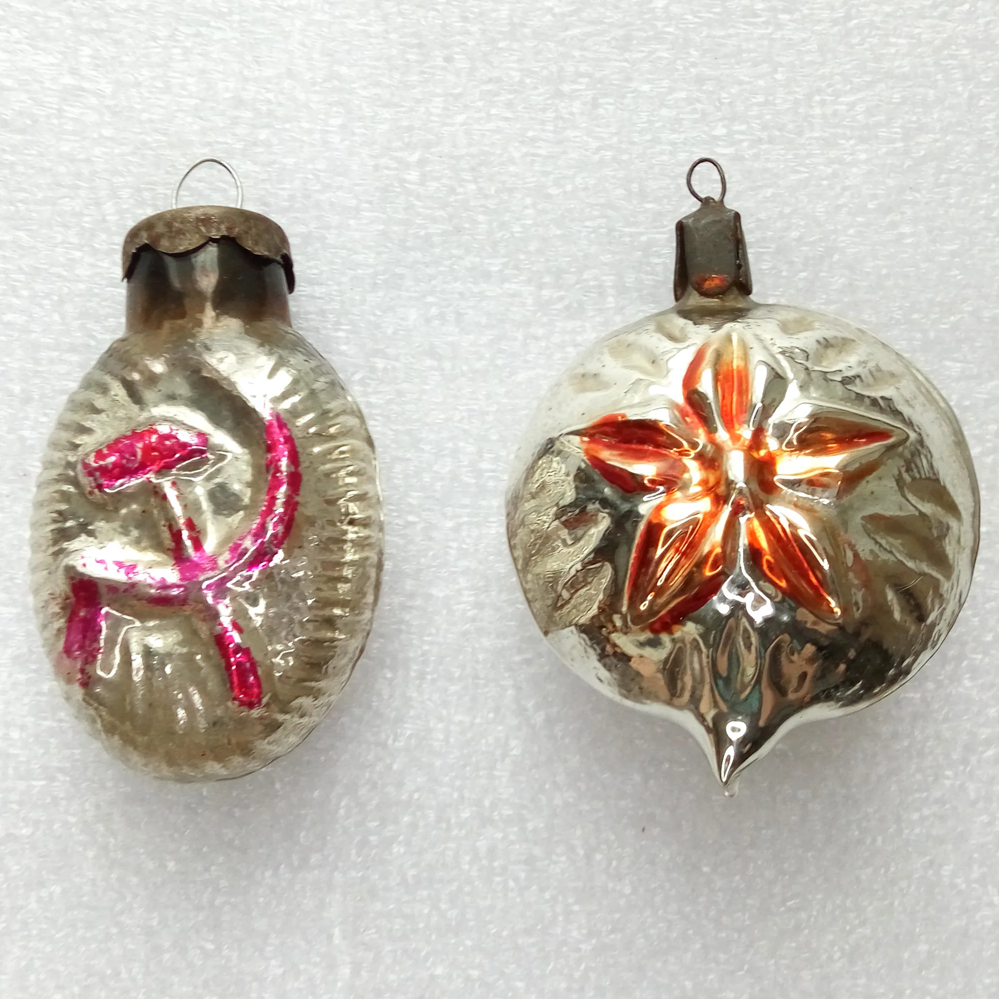 Set of 2 Vintage Glass Christmas Ornament Hammer & Sickle Star