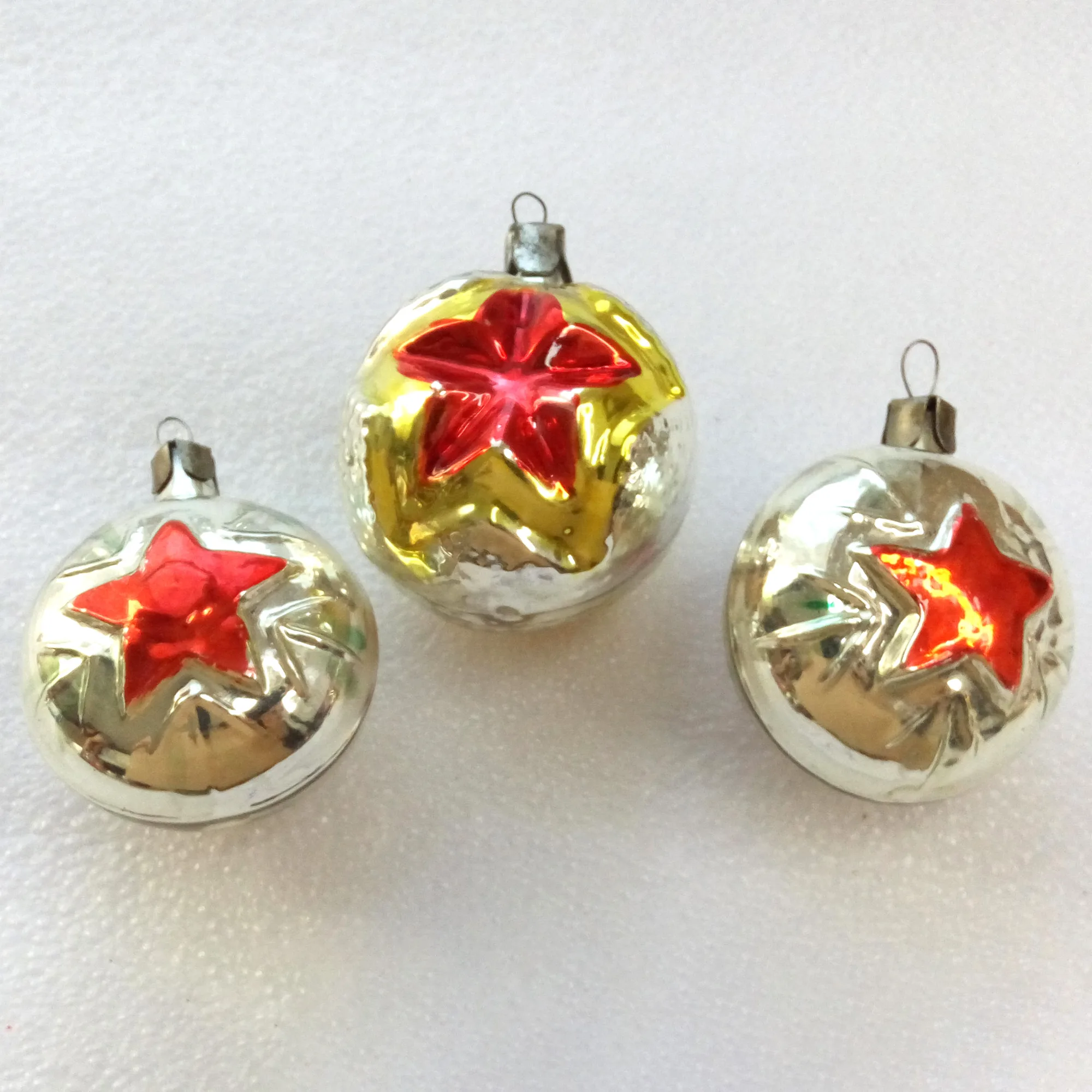 Set of 3 Vintage Glass USSR Christmas Ornaments Red Stars