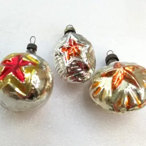 Set of 3 Vintage Glass Christmas Ornament USSR Red Stars