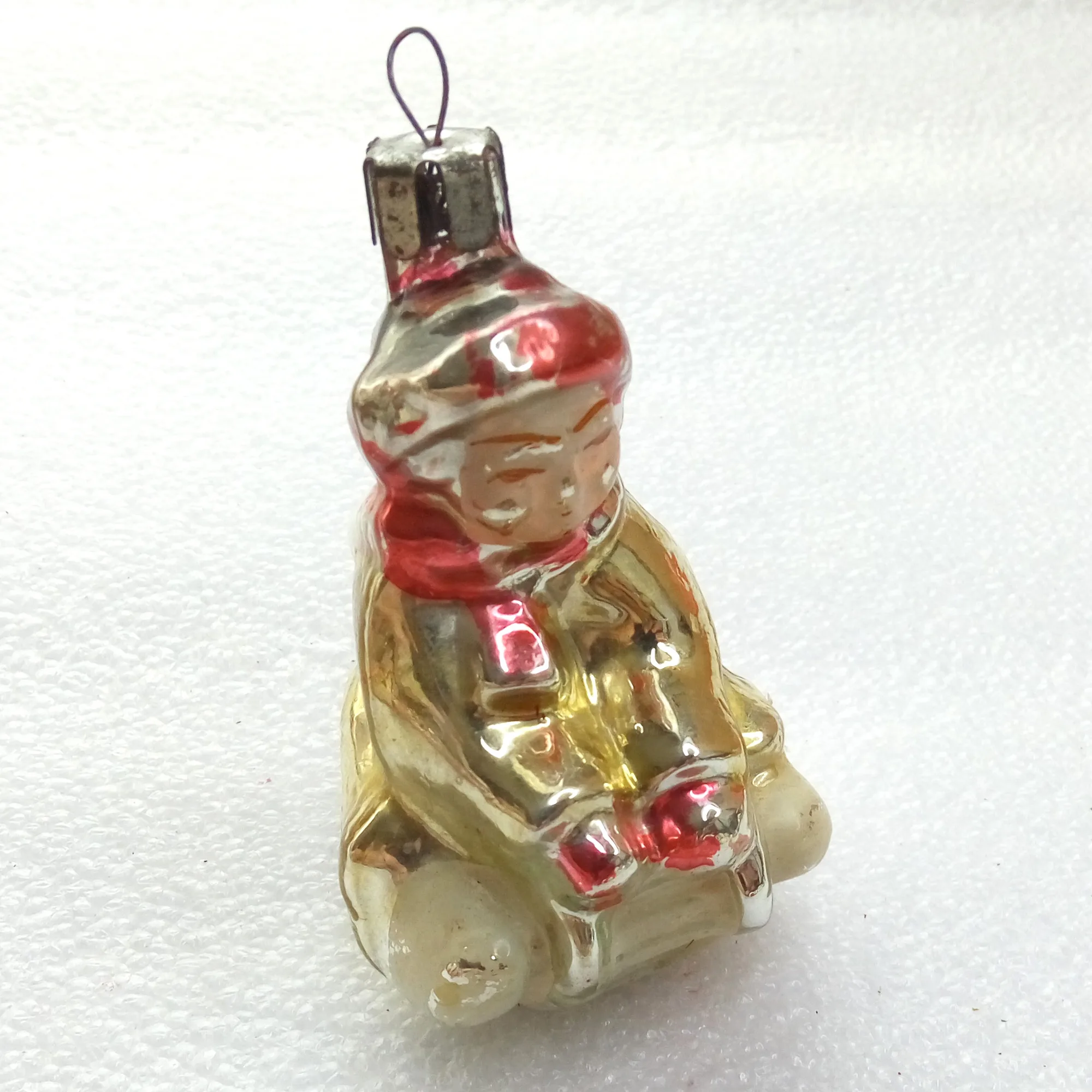Vintage Glass Christmas Ornament Toy Kid on Sled
