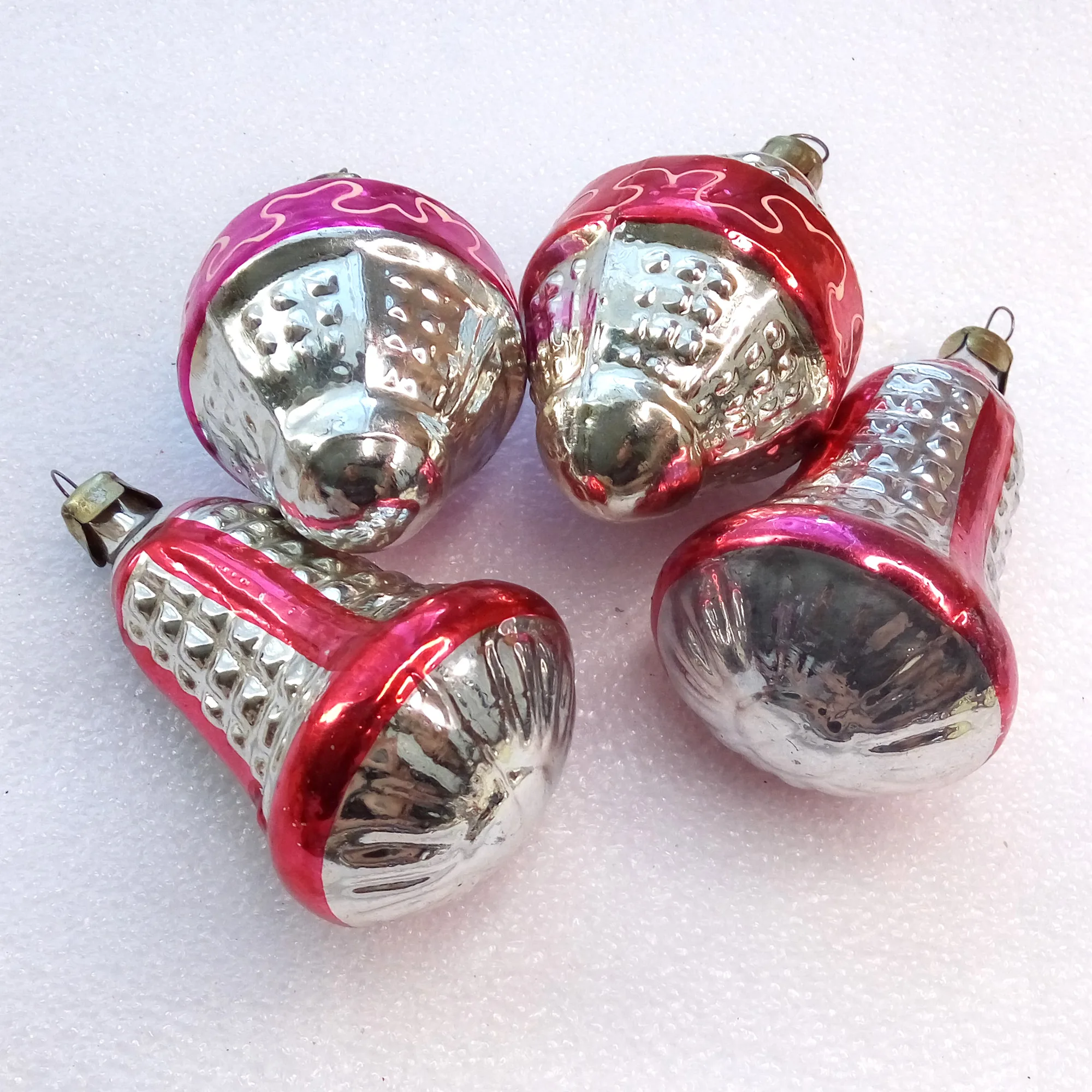 Set of 4 Vintage Silver Glass Christmas Ornament