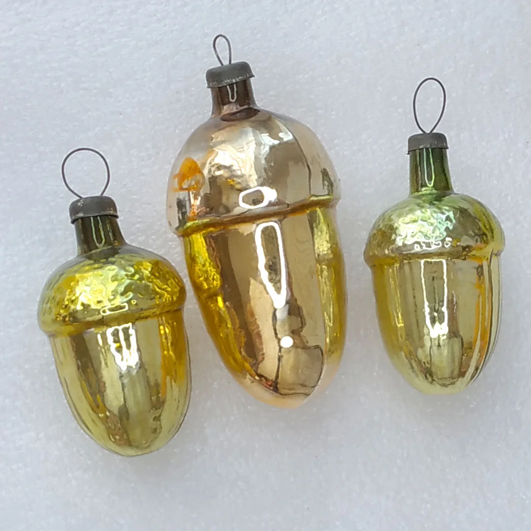Set of 3 Antique Vintage USSR Mercury Glass Christmas Ornaments Acorns